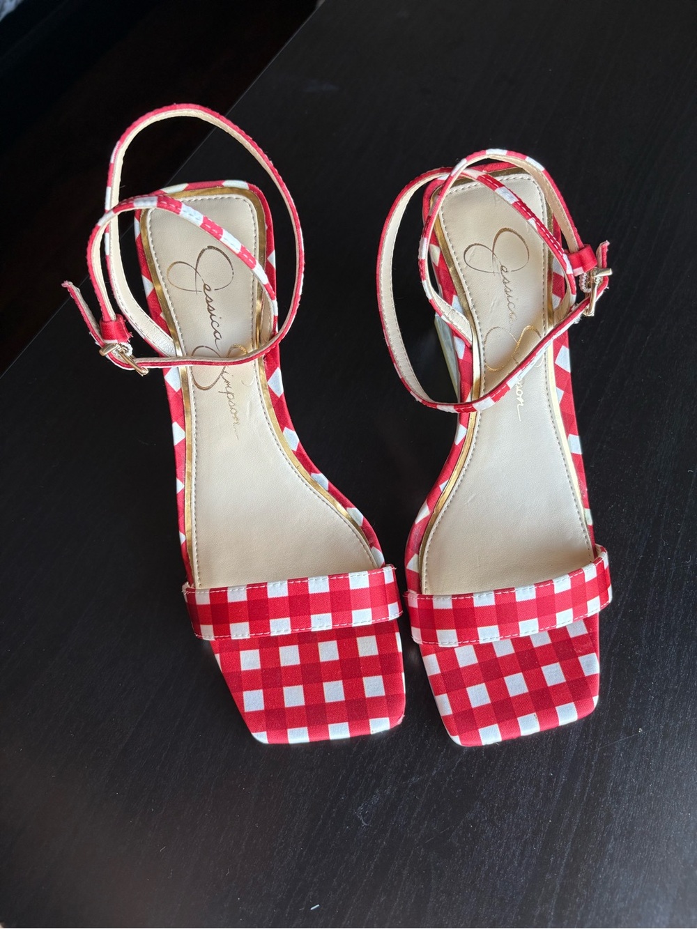 Jessica Simpson Red and White Gingham Ankle-Strap Sandals